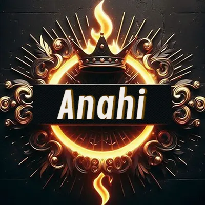 Diseño circular real con adornos dorados, llama de fuego detrás de una corona negra pequeña y nombre en blanco. - Anahi