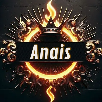 Diseño circular real con adornos dorados, llama de fuego detrás de una corona negra pequeña y nombre en blanco. - Anais