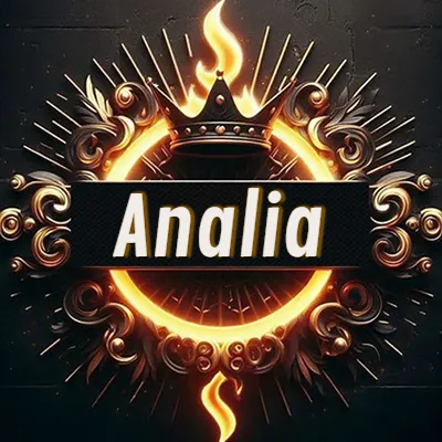 Diseño circular real con adornos dorados, llama de fuego detrás de una corona negra pequeña y nombre en blanco. - Analia