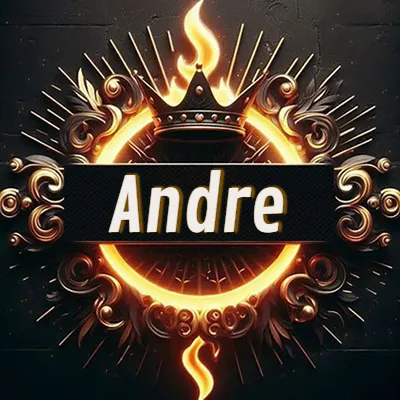 Panel artístico circular con una llama dorada y una corona negra en el centro, rodeado de ornamentos espirales dorados entrelazados que emanan una luz cálida sobre un fondo de muro de piedra oscura. El nombre Andre está escrito en blanco destacado dentro de un rectángulo negro horizontal que cruza la mitad del diseño circular.