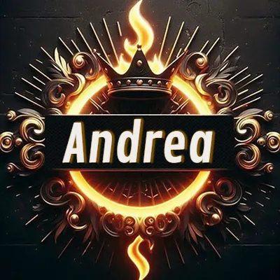 Diseño circular real con adornos dorados, llama de fuego detrás de una corona negra pequeña y nombre en blanco. - Andrea Diseño circular real con adornos dorados, llama de fuego detrás de una corona negra pequeña y nombre en blanco. - Andrea