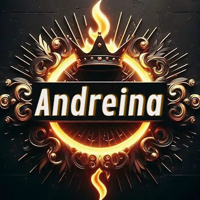 Diseño circular real con adornos dorados, llama de fuego detrás de una corona negra pequeña y nombre en blanco. - Andreina Diseño circular real con adornos dorados, llama de fuego detrás de una corona negra pequeña y nombre en blanco. - Andreina