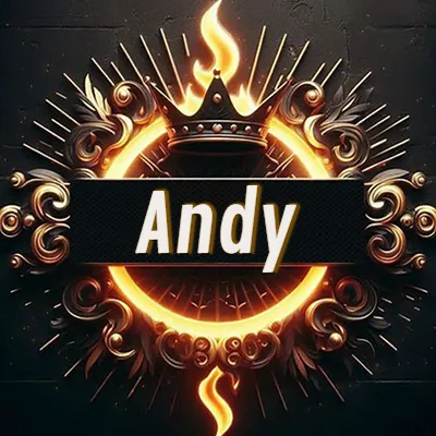 Diseño circular real con adornos dorados, llama de fuego detrás de una corona negra pequeña y nombre en blanco. - Andy