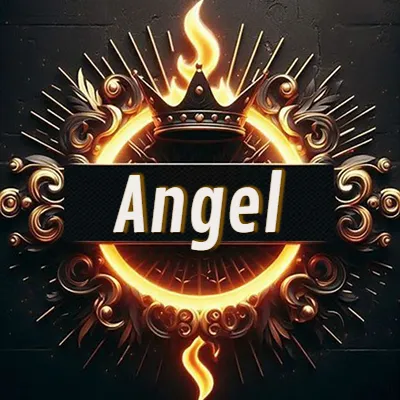 Panel artístico circular con una llama dorada y una corona negra en el centro, rodeado de ornamentos espirales dorados entrelazados que emanan una luz cálida sobre un fondo de muro de piedra oscura. El nombre Angel está escrito en blanco destacado dentro de un rectángulo negro horizontal que cruza la mitad del diseño circular.
