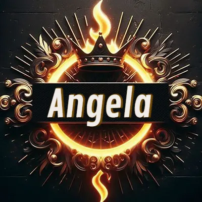 Diseño circular real con adornos dorados, llama de fuego detrás de una corona negra pequeña y nombre en blanco. - Angel