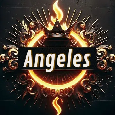 Diseño circular real con adornos dorados, llama de fuego detrás de una corona negra pequeña y nombre en blanco. - Angeles