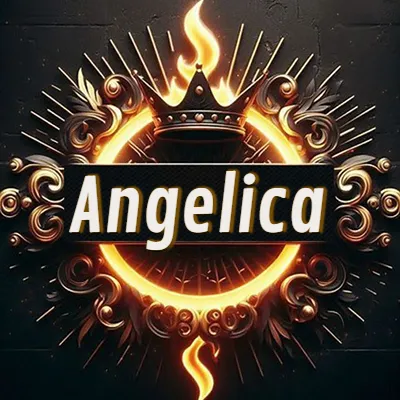 Diseño circular real con adornos dorados, llama de fuego detrás de una corona negra pequeña y nombre en blanco. - Angelica