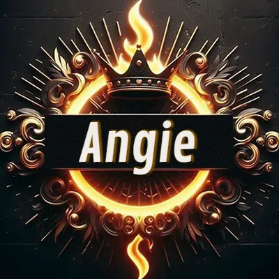 Diseño circular real con adornos dorados, llama de fuego detrás de una corona negra pequeña y nombre en blanco. - Angie Diseño circular real con adornos dorados, llama de fuego detrás de una corona negra pequeña y nombre en blanco. - Angie