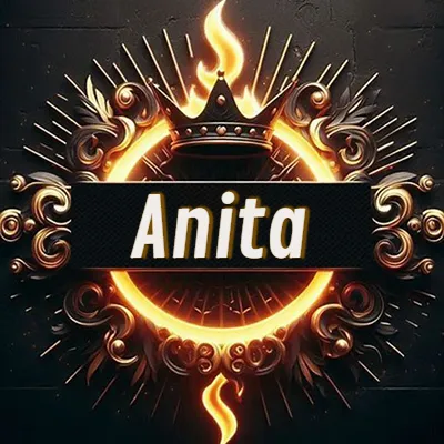 Diseño circular real con adornos dorados, llama de fuego detrás de una corona negra pequeña y nombre en blanco. - Anita