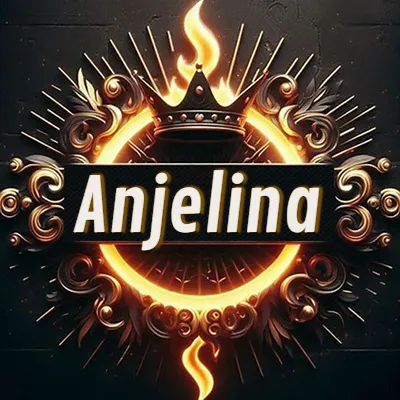 Diseño circular real con adornos dorados, llama de fuego detrás de una corona negra pequeña y nombre en blanco. - Anjelina