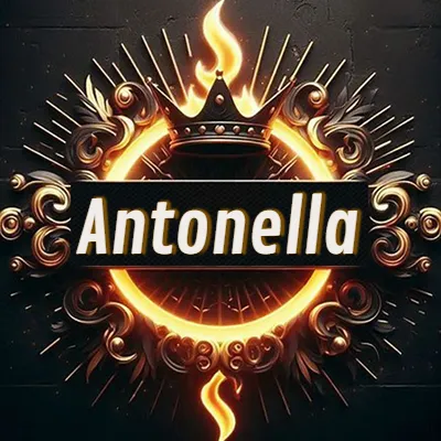 Diseño circular real con adornos dorados, llama de fuego detrás de una corona negra pequeña y nombre en blanco. - Antonella