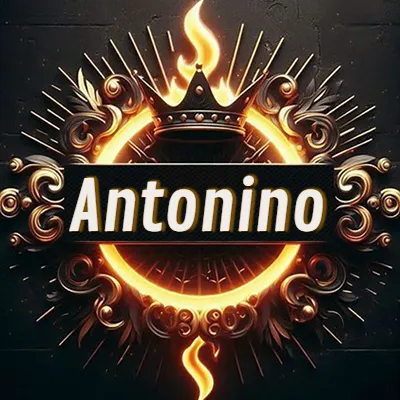 Diseño circular real con adornos dorados, llama de fuego detrás de una corona negra pequeña y nombre en blanco. - Antonino Diseño circular real con adornos dorados, llama de fuego detrás de una corona negra pequeña y nombre en blanco. - Antonino