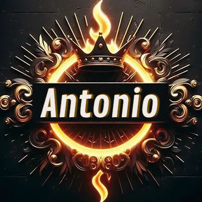 Diseño circular real con adornos dorados, llama de fuego detrás de una corona negra pequeña y nombre en blanco. - Antonio