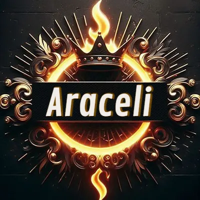 Diseño circular real con adornos dorados, llama de fuego detrás de una corona negra pequeña y nombre en blanco. - Araceli Diseño circular real con adornos dorados, llama de fuego detrás de una corona negra pequeña y nombre en blanco. - Araceli