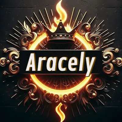 Diseño circular real con adornos dorados, llama de fuego detrás de una corona negra pequeña y nombre en blanco. - Aracely