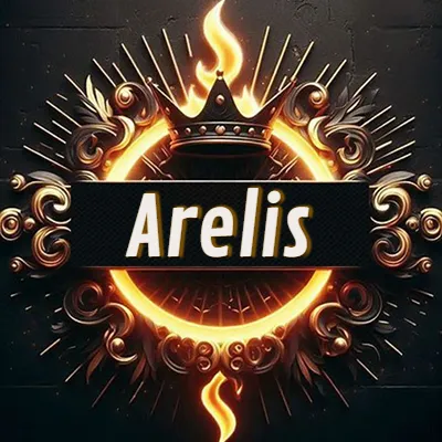 Diseño circular real con adornos dorados, llama de fuego detrás de una corona negra pequeña y nombre en blanco. - Arelis Diseño circular real con adornos dorados, llama de fuego detrás de una corona negra pequeña y nombre en blanco. - Arelis