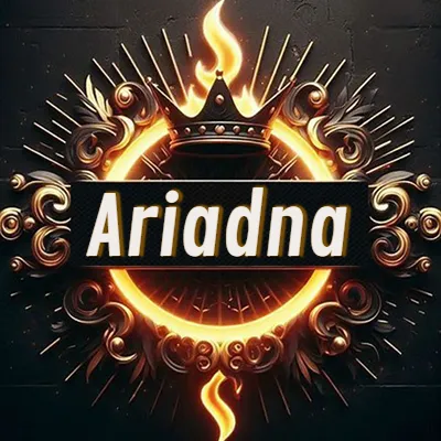 Diseño circular real con adornos dorados, llama de fuego detrás de una corona negra pequeña y nombre en blanco. - Ariadna