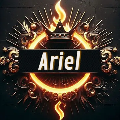 Diseño circular real con adornos dorados, llama de fuego detrás de una corona negra pequeña y nombre en blanco. - Ariel