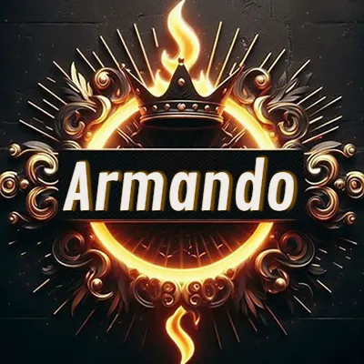 Diseño circular real con adornos dorados, llama de fuego detrás de una corona negra pequeña y nombre en blanco. - Armando