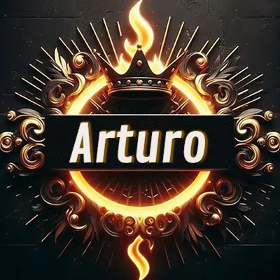 Diseño circular real con adornos dorados, llama de fuego detrás de una corona negra pequeña y nombre en blanco. - Arturo