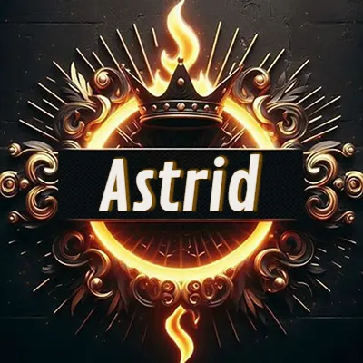 Diseño circular real con adornos dorados, llama de fuego detrás de una corona negra pequeña y nombre en blanco. - Astrid