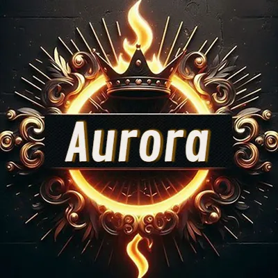 Diseño circular real con adornos dorados, llama de fuego detrás de una corona negra pequeña y nombre en blanco. - Aurora Diseño circular real con adornos dorados, llama de fuego detrás de una corona negra pequeña y nombre en blanco. - Aurora