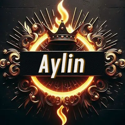 Diseño circular real con adornos dorados, llama de fuego detrás de una corona negra pequeña y nombre en blanco. - Aylin