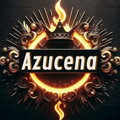 Diseño circular real con adornos dorados, llama de fuego detrás de una corona negra pequeña y nombre en blanco. - Azucena