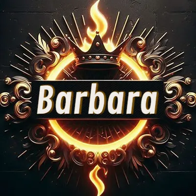 Diseño circular real con adornos dorados, llama de fuego detrás de una corona negra pequeña y nombre en blanco. - Barbara Diseño circular real con adornos dorados, llama de fuego detrás de una corona negra pequeña y nombre en blanco. - Barbara