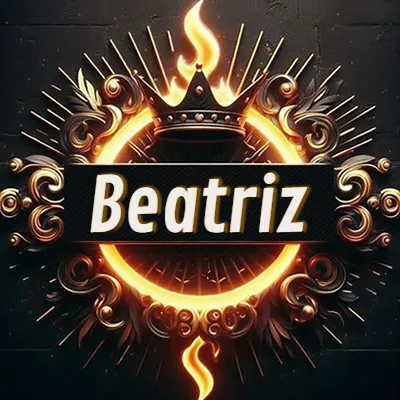 Diseño circular real con adornos dorados, llama de fuego detrás de una corona negra pequeña y nombre en blanco. - Beatriz