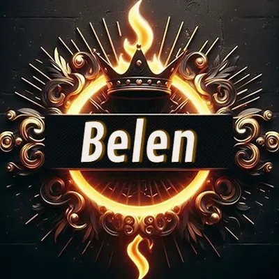 Diseño circular real con adornos dorados, llama de fuego detrás de una corona negra pequeña y nombre en blanco. - Belen