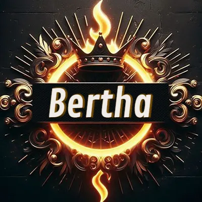 Diseño circular real con adornos dorados, llama de fuego detrás de una corona negra pequeña y nombre en blanco. - Bertha Diseño circular real con adornos dorados, llama de fuego detrás de una corona negra pequeña y nombre en blanco. - Bertha