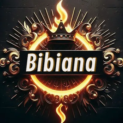 Diseño circular real con adornos dorados, llama de fuego detrás de una corona negra pequeña y nombre en blanco. - Bibiana