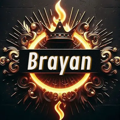 Diseño circular real con adornos dorados, llama de fuego detrás de una corona negra pequeña y nombre en blanco. - Brayan