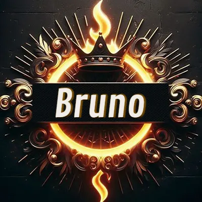 Diseño circular real con adornos dorados, llama de fuego detrás de una corona negra pequeña y nombre en blanco. - Bruno