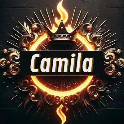 Diseño circular real con adornos dorados, llama de fuego detrás de una corona negra pequeña y nombre en blanco. - Camila