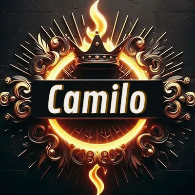 Diseño circular real con adornos dorados, llama de fuego detrás de una corona negra pequeña y nombre en blanco. - Camilo