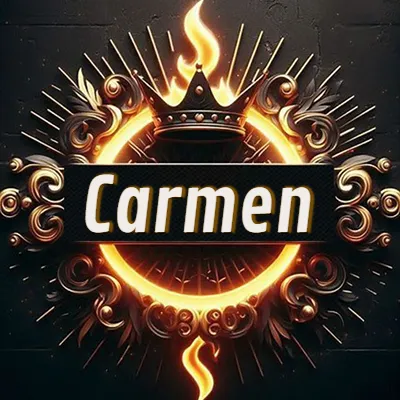 Diseño circular real con adornos dorados, llama de fuego detrás de una corona negra pequeña y nombre en blanco. - Carmen