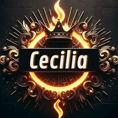 Diseño circular real con adornos dorados, llama de fuego detrás de una corona negra pequeña y nombre en blanco. - Ceci