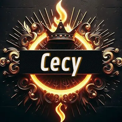 Diseño circular real con adornos dorados, llama de fuego detrás de una corona negra pequeña y nombre en blanco. - Cecy