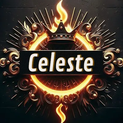 Diseño circular real con adornos dorados, llama de fuego detrás de una corona negra pequeña y nombre en blanco. - Celeste