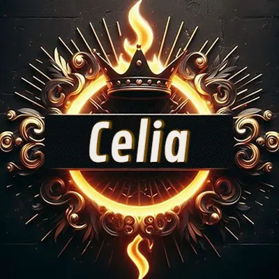 Diseño circular real con adornos dorados, llama de fuego detrás de una corona negra pequeña y nombre en blanco. - Celia