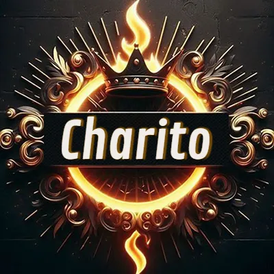 Diseño circular real con adornos dorados, llama de fuego detrás de una corona negra pequeña y nombre en blanco. - Charito