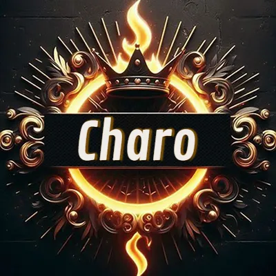 Diseño circular real con adornos dorados, llama de fuego detrás de una corona negra pequeña y nombre en blanco. - Charo