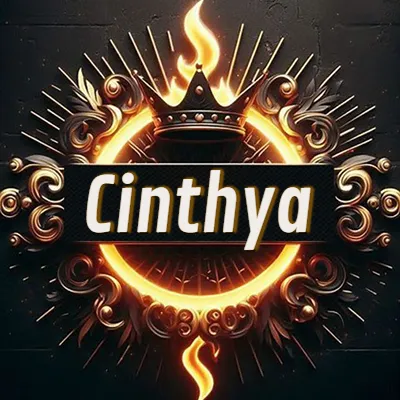 Diseño circular real con adornos dorados, llama de fuego detrás de una corona negra pequeña y nombre en blanco. - Cinthya