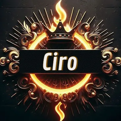 Diseño circular real con adornos dorados, llama de fuego detrás de una corona negra pequeña y nombre en blanco. - Ciro