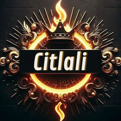 Diseño circular real con adornos dorados, llama de fuego detrás de una corona negra pequeña y nombre en blanco. - Citlali