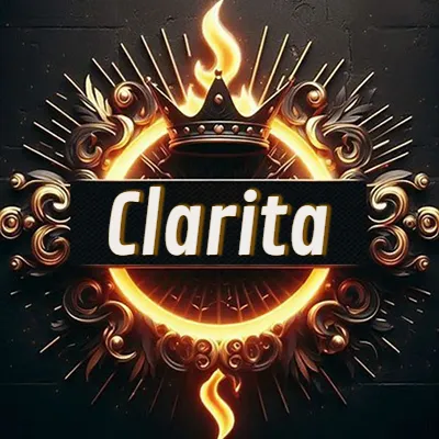 Diseño circular real con adornos dorados, llama de fuego detrás de una corona negra pequeña y nombre en blanco. - Clarita