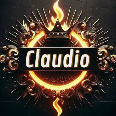 Diseño circular real con adornos dorados, llama de fuego detrás de una corona negra pequeña y nombre en blanco. - Claudio