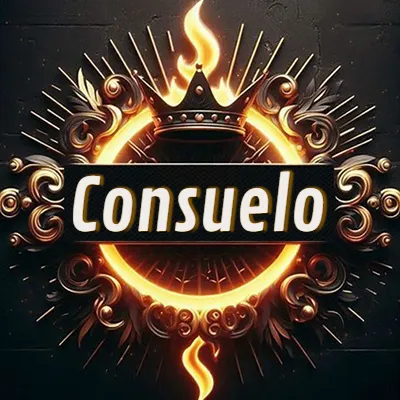 Diseño circular real con adornos dorados, llama de fuego detrás de una corona negra pequeña y nombre en blanco. - Consuelo